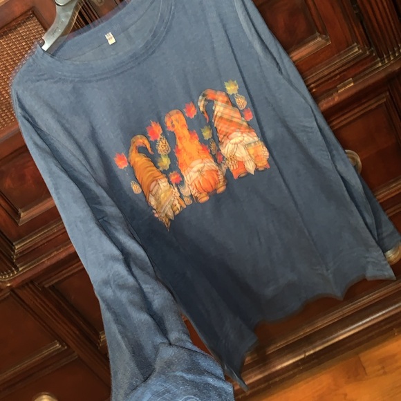 Brand new, beautiful blue T-shirt, long sleeve with festive fall gnomes - Picture 7 of 10